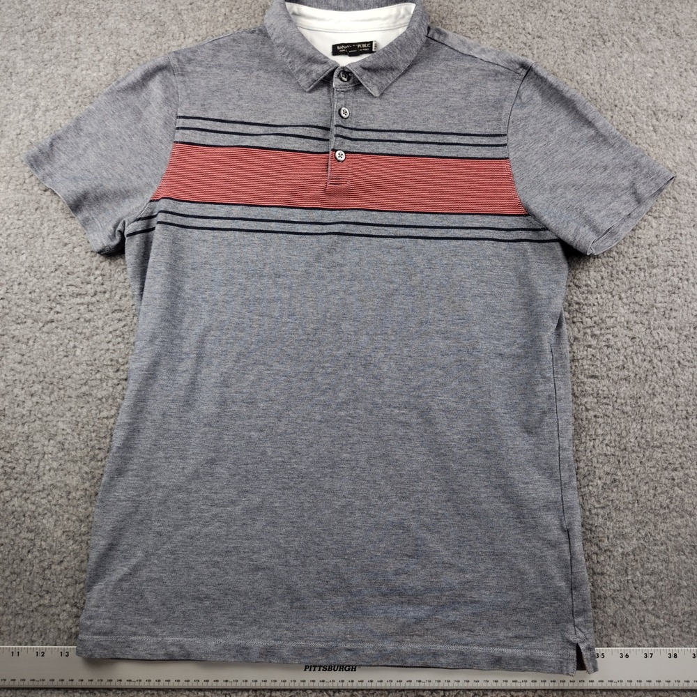 Banana Republic Cotton Polo Mens Large Performance Pique Grey Stripe EUC